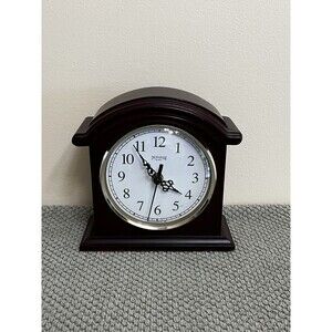 VTG Ingraham Quartz Smooth Dark Wood W/Gold Rim Mantle Clock 1998